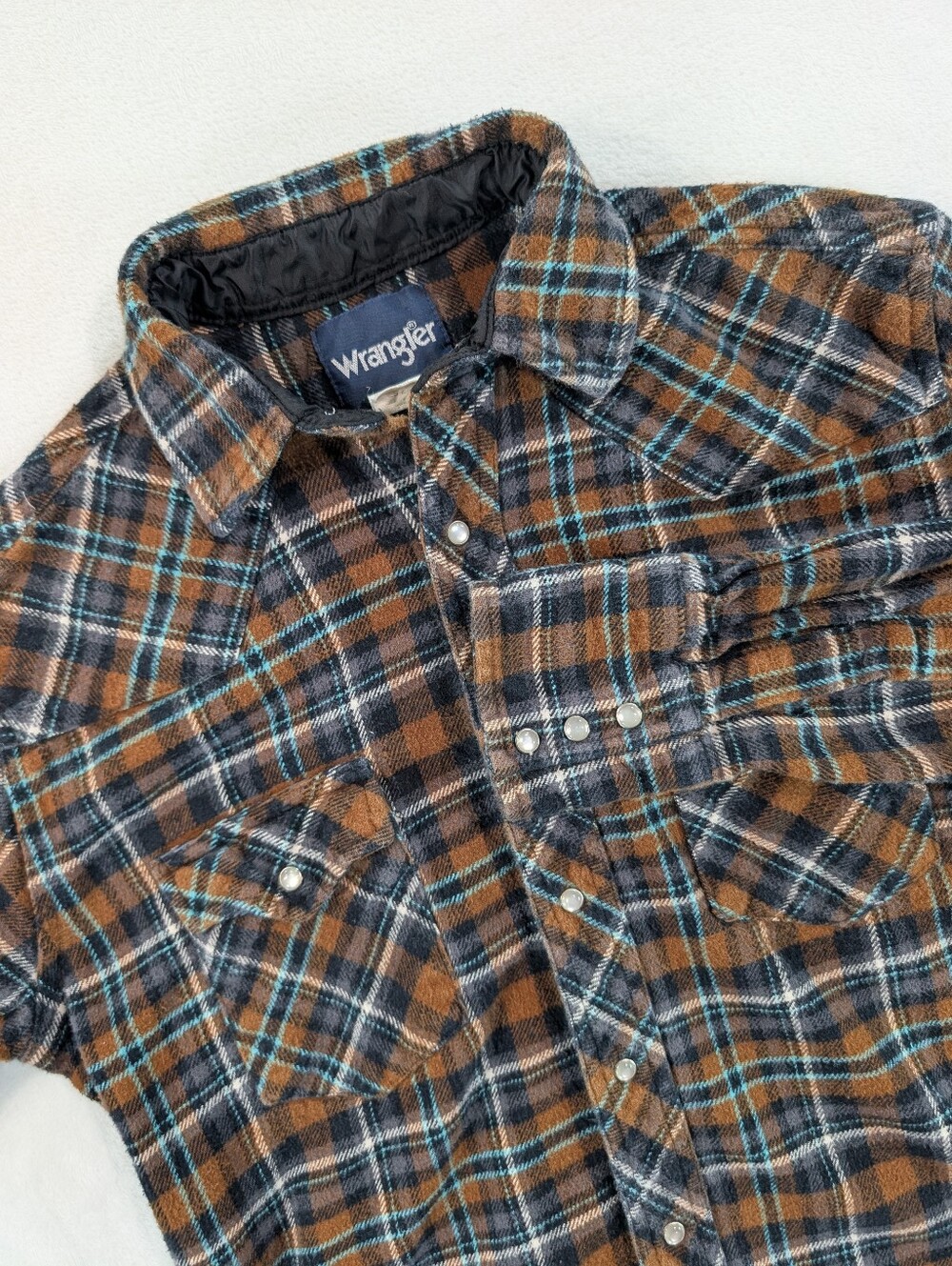 Wrangler Plaid Western Flannel Brown Shirt Pearl Snap Heavyweight Men’s Medium